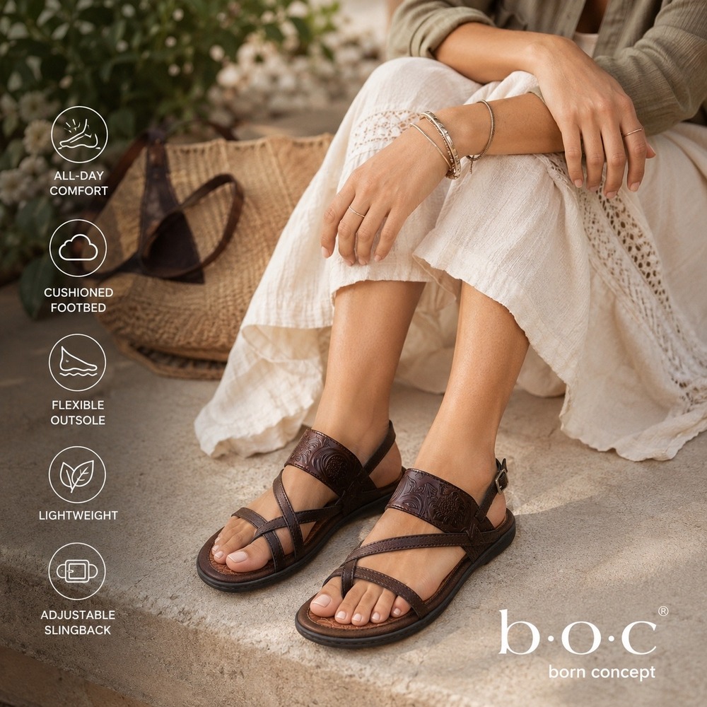 B.O.C. Born Concept Brown Embossed Strappy Slingback Sandals Z15706 Womens 10M